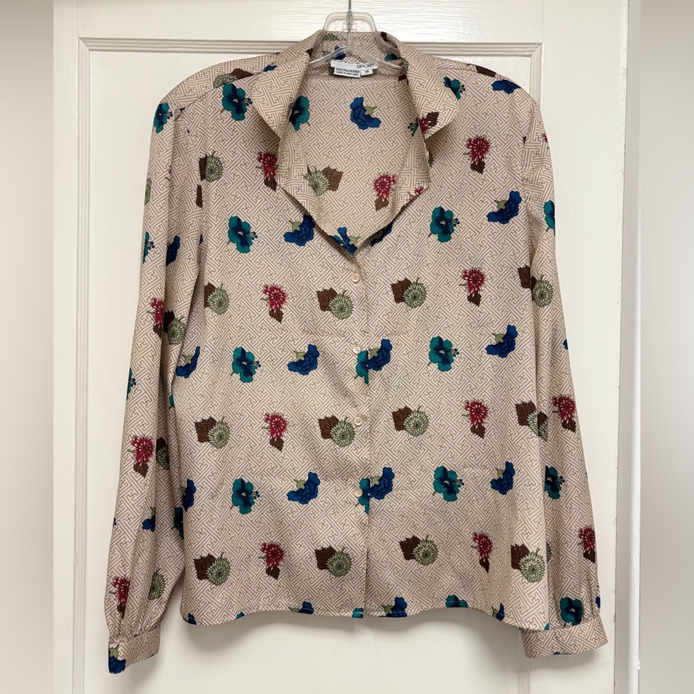 Vintage Givenchy Sport Beige Floral Button Down Shirt Geometric Print size 16